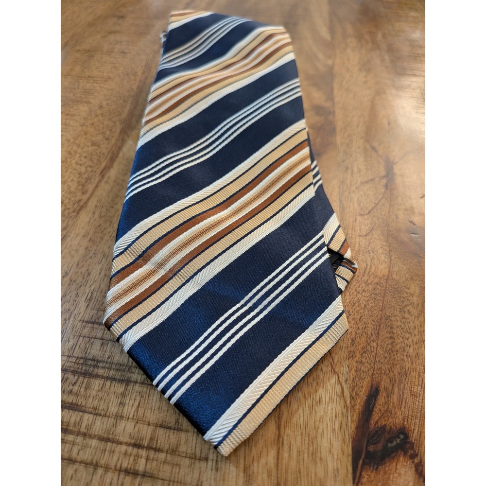 Ermenegildo Zegna Silk Cotton Striped Tie Navy Blue Tan White Made in Italy